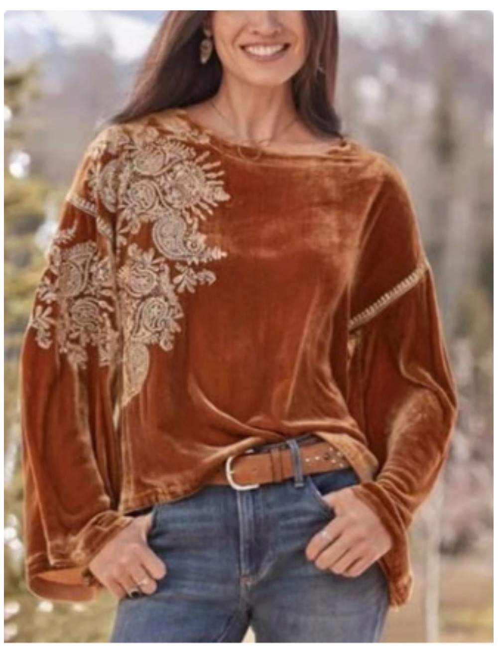 Velvet Embroidered Long-Sleeve Top in Burnt Orange